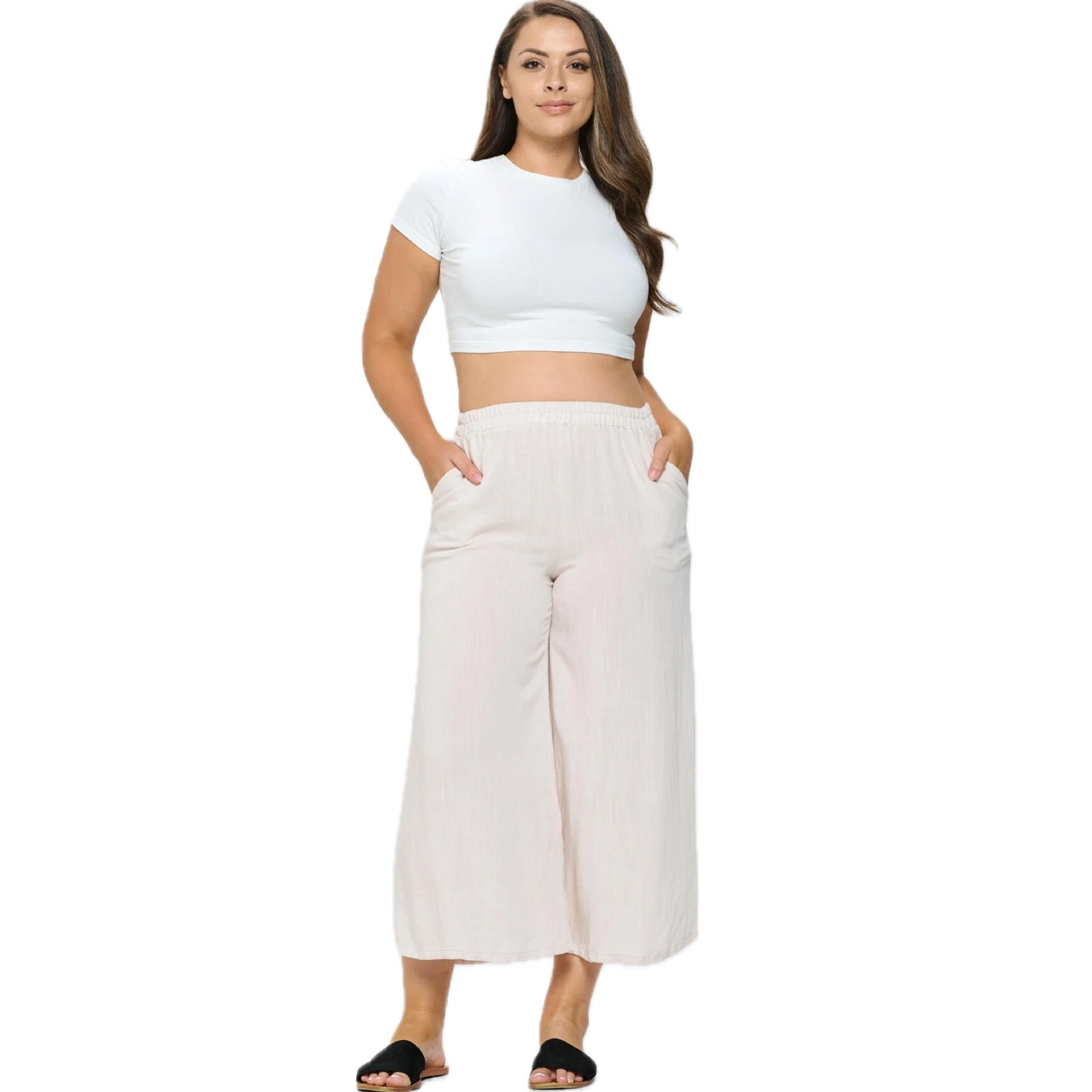 Cream Wide Leg Pants with Pockets (Plus Size)