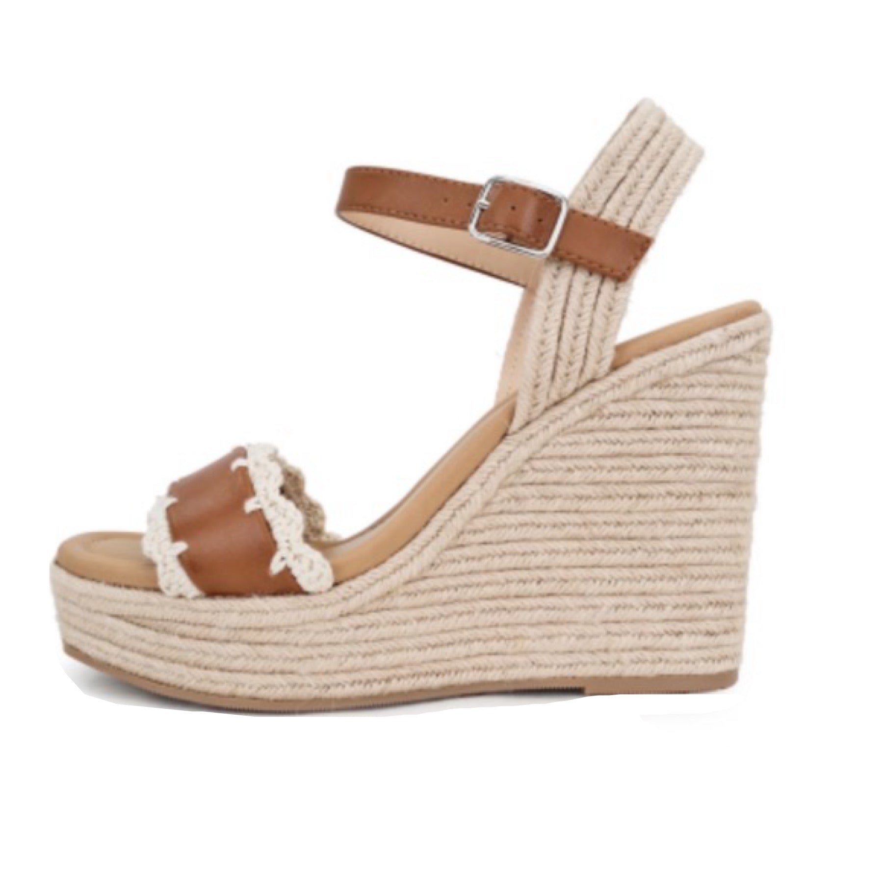 Scallop Lace Open Toe Wedge Sandals in Tan