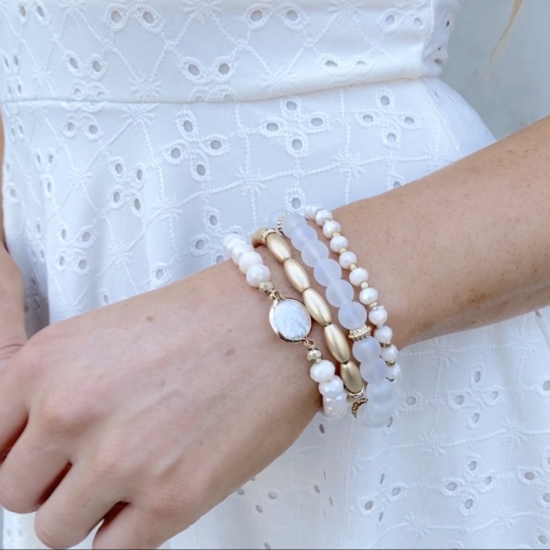 Warm Wishes Bead Bangle Bracelet Set in Gold & Cream - Dainty Hooligan