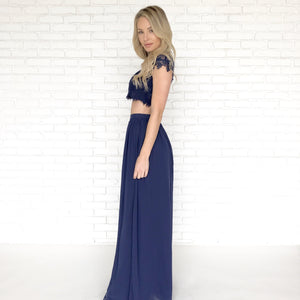 Dance With Me Lace Top & Maxi Skirt Set In Navy Blue - Dainty Hooligan
