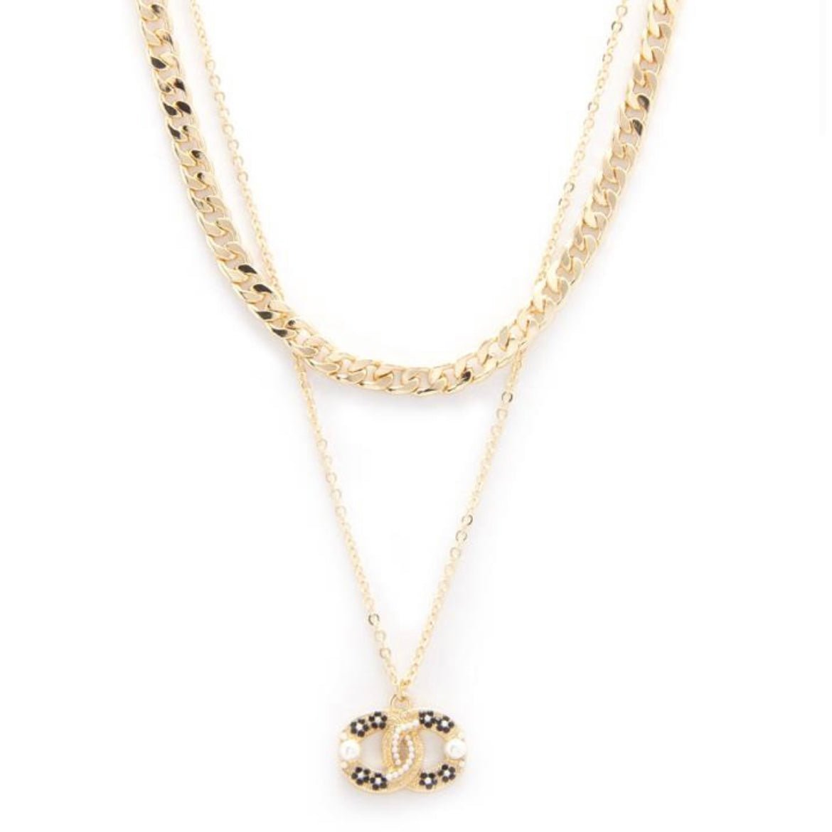 Coco Double Gold Chain Flower & Pearl Necklace Set