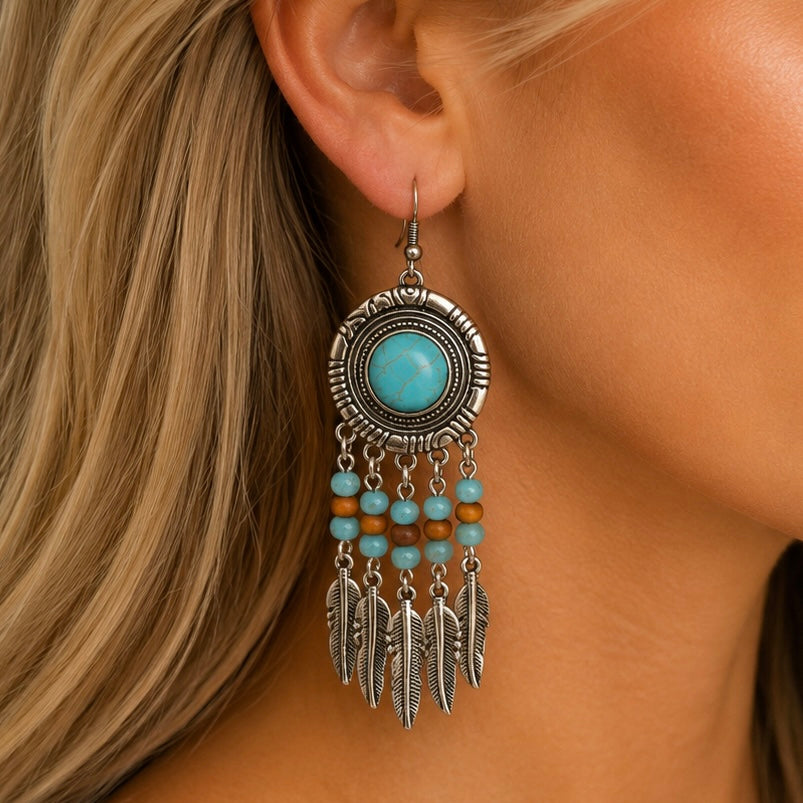 Turquoise & Feather Fringe Earrings