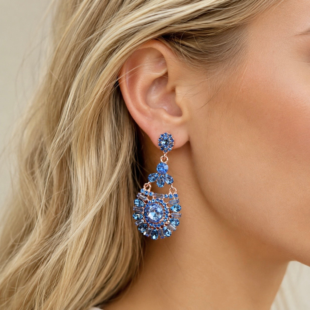 Charmed Life Rose Gold & Blue Crystal Chandelier Earrings