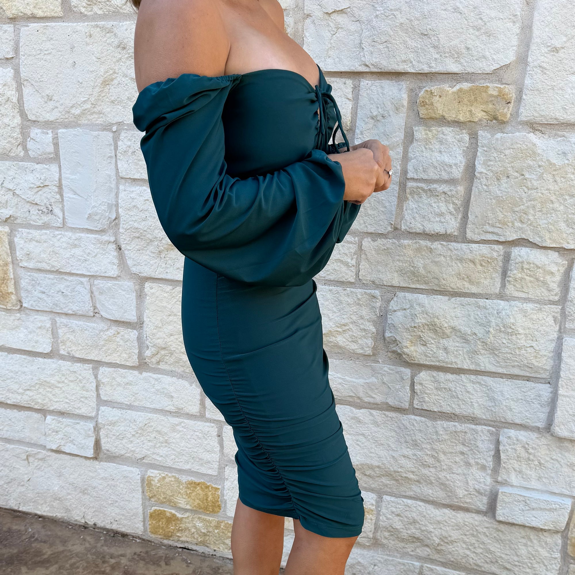 Emerald Allure Off-Shoulder Ruched Bodycon Dress - Dainty Hooligan Emerald Allure Off-Shoulder Ruched Bodycon Dress - Dainty Hooligan