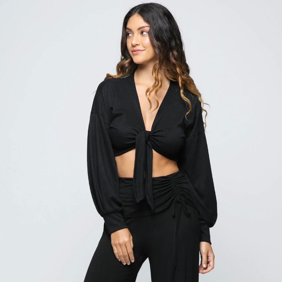 Camelia Long Sleeve Tie Up Fleece Kimono in Black