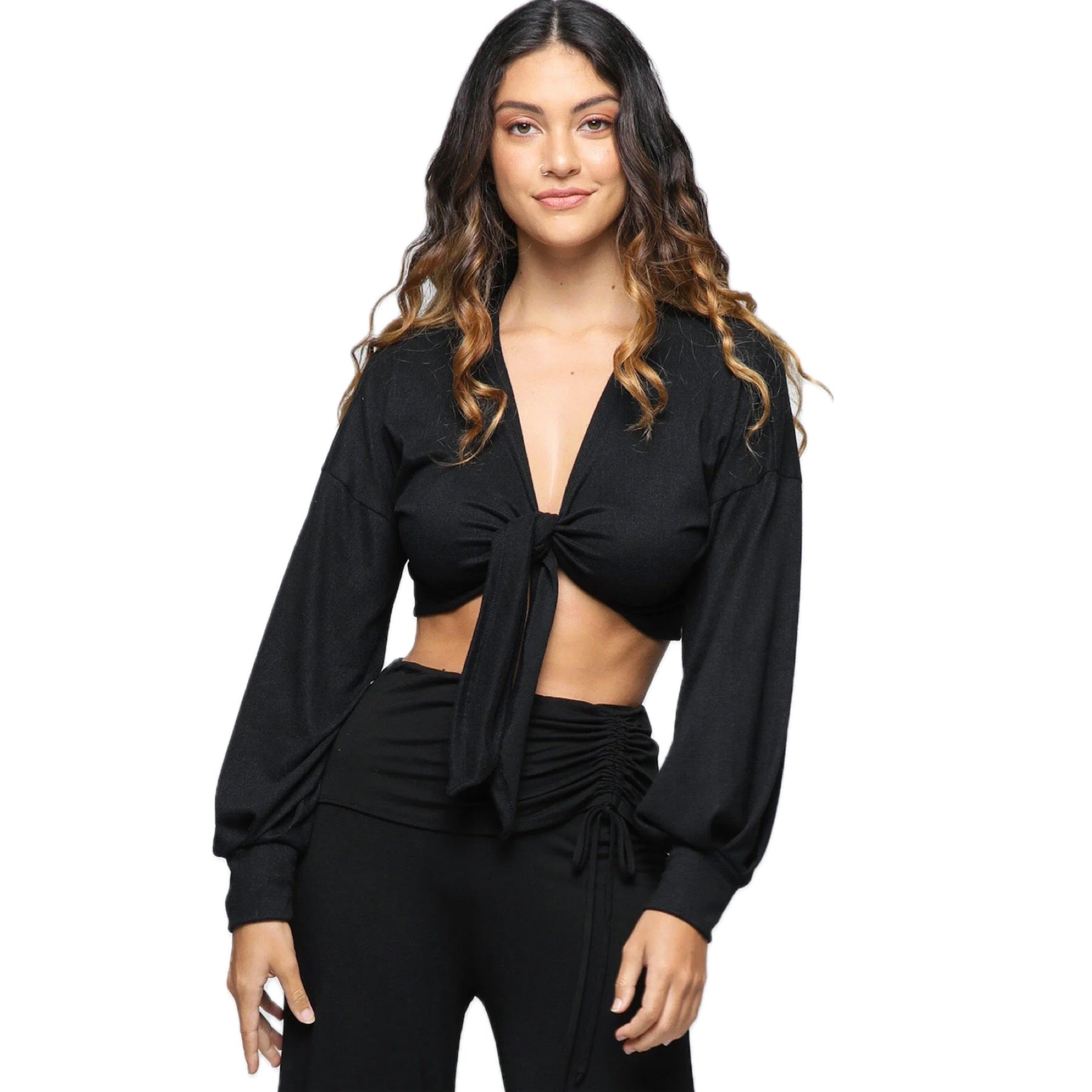 Camelia Long Sleeve Tie Up Fleece Kimono in Black