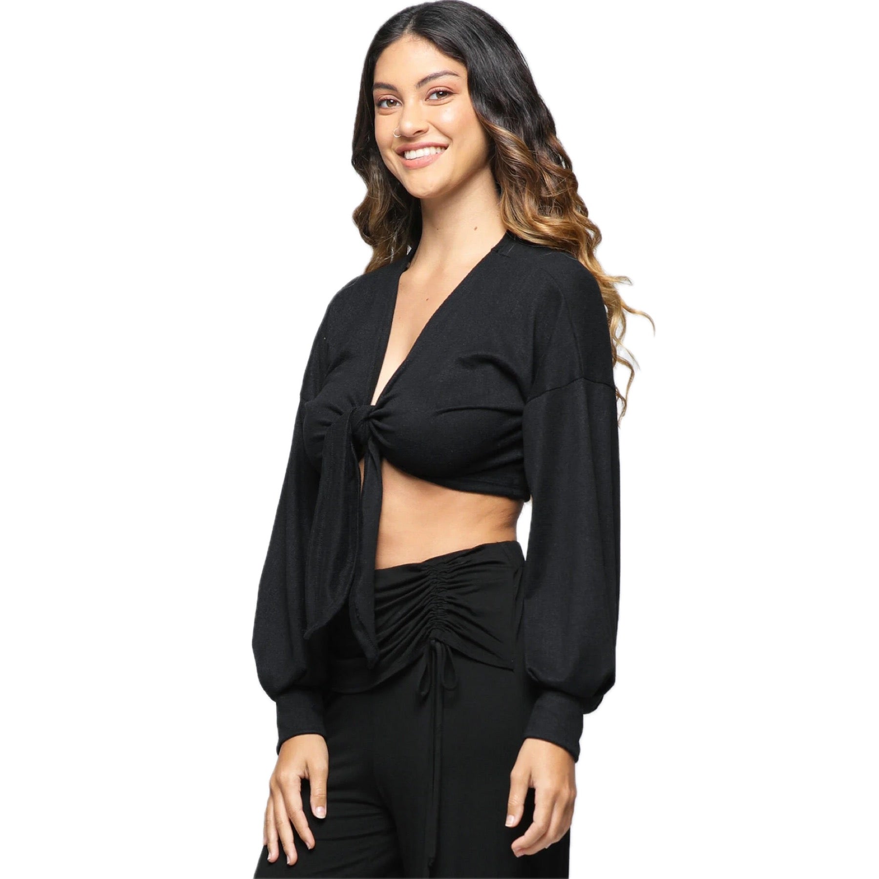 Camelia Long Sleeve Tie Up Fleece Kimono in Black