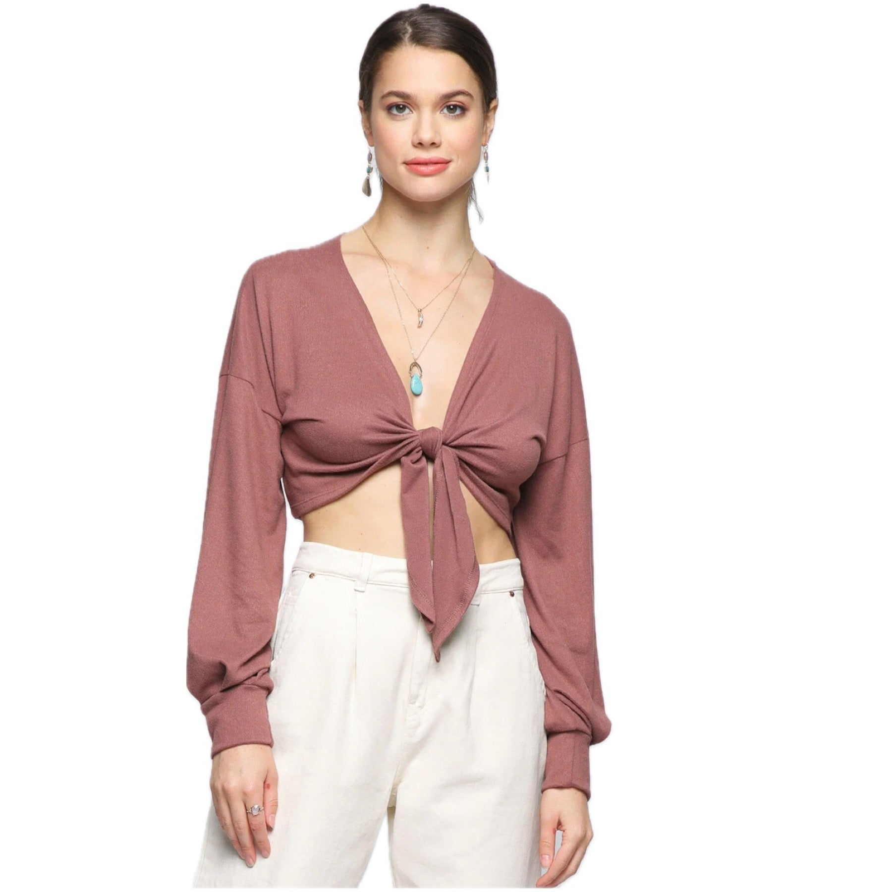 Camelia Long Sleeve Tie Up Fleece Kimono in Mauve