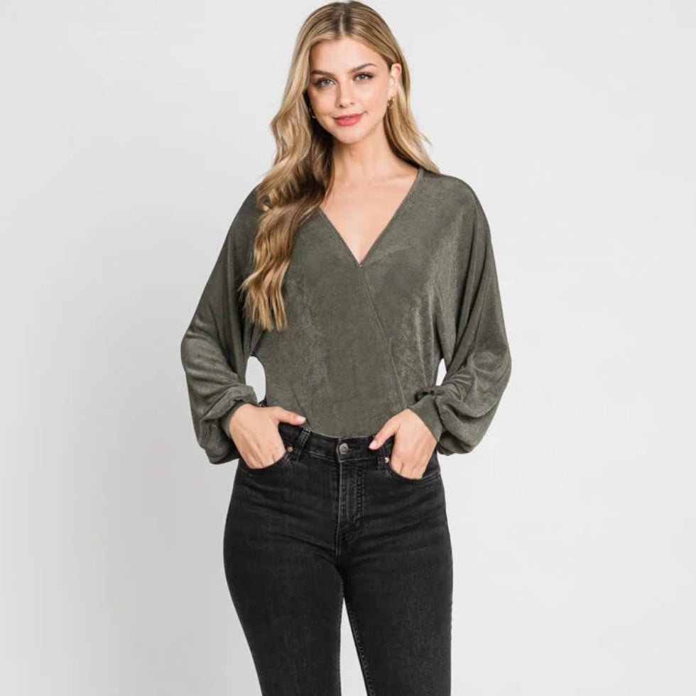 Slinky Long Sleeve V-Neck Bodysuit in Olive