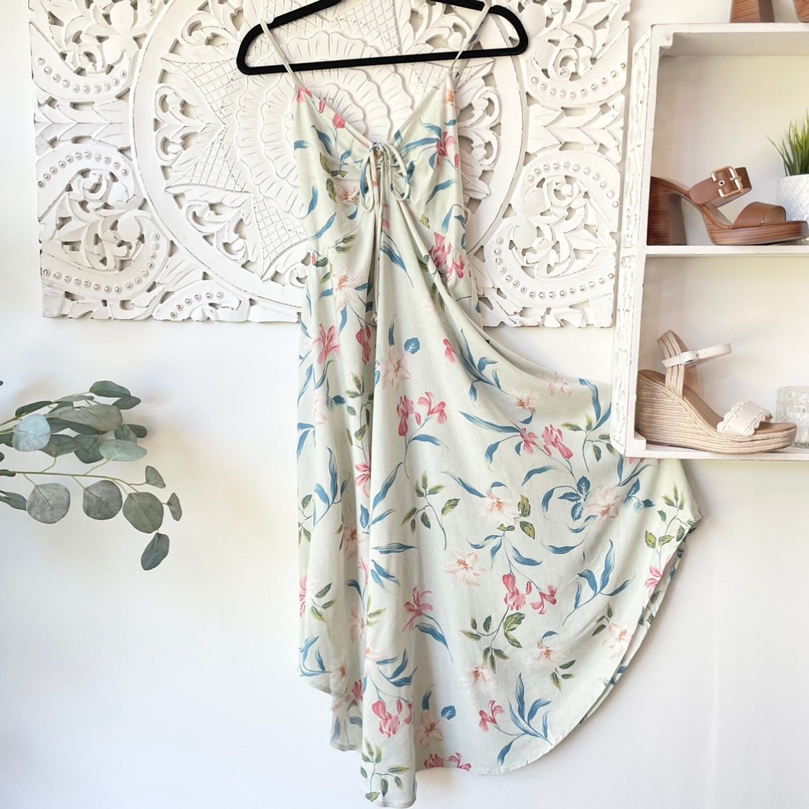 Floral Haven Round Hem Ankle Maxi Linen Dress in Mint