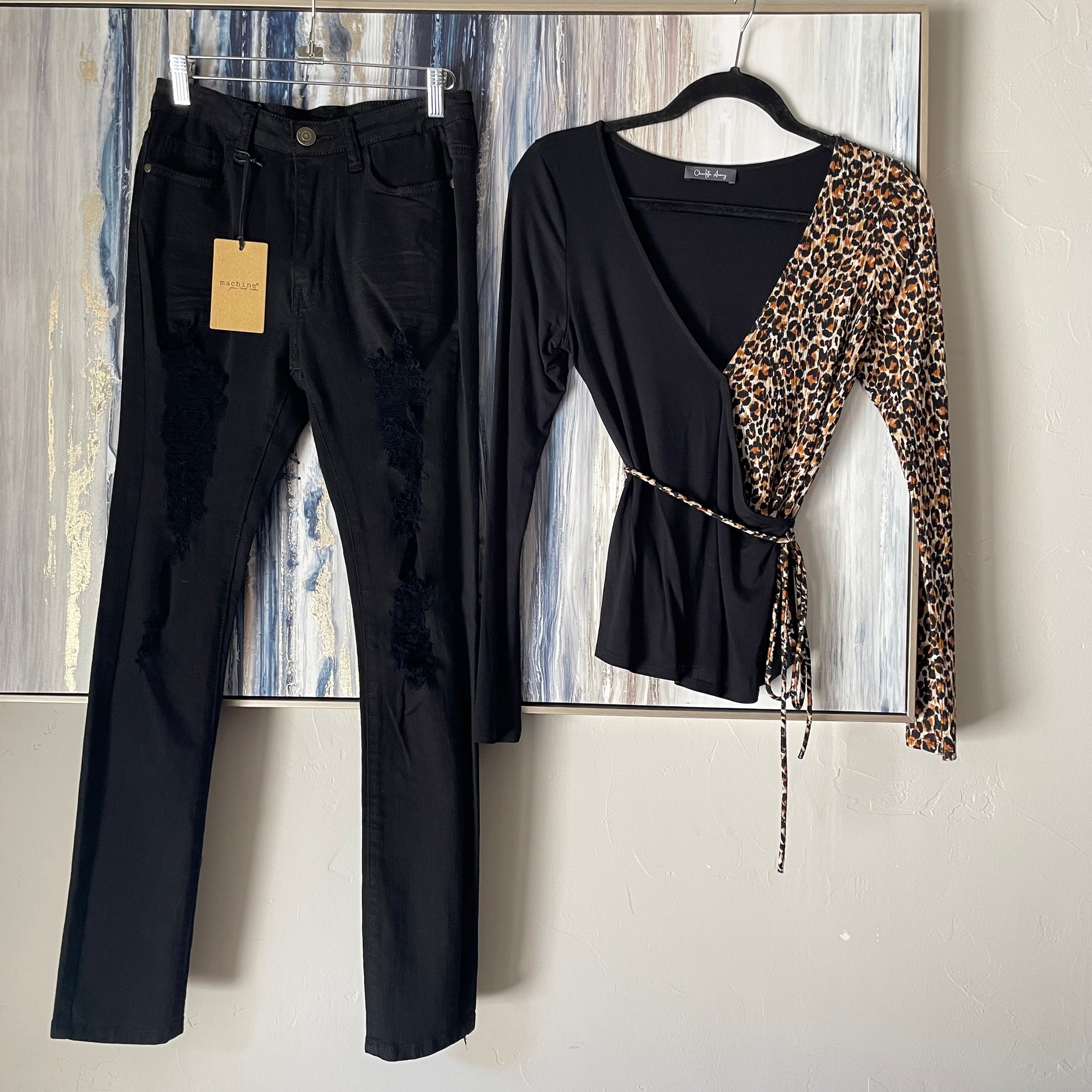 Black Jersey & Ribbed Leopard Print Blouse