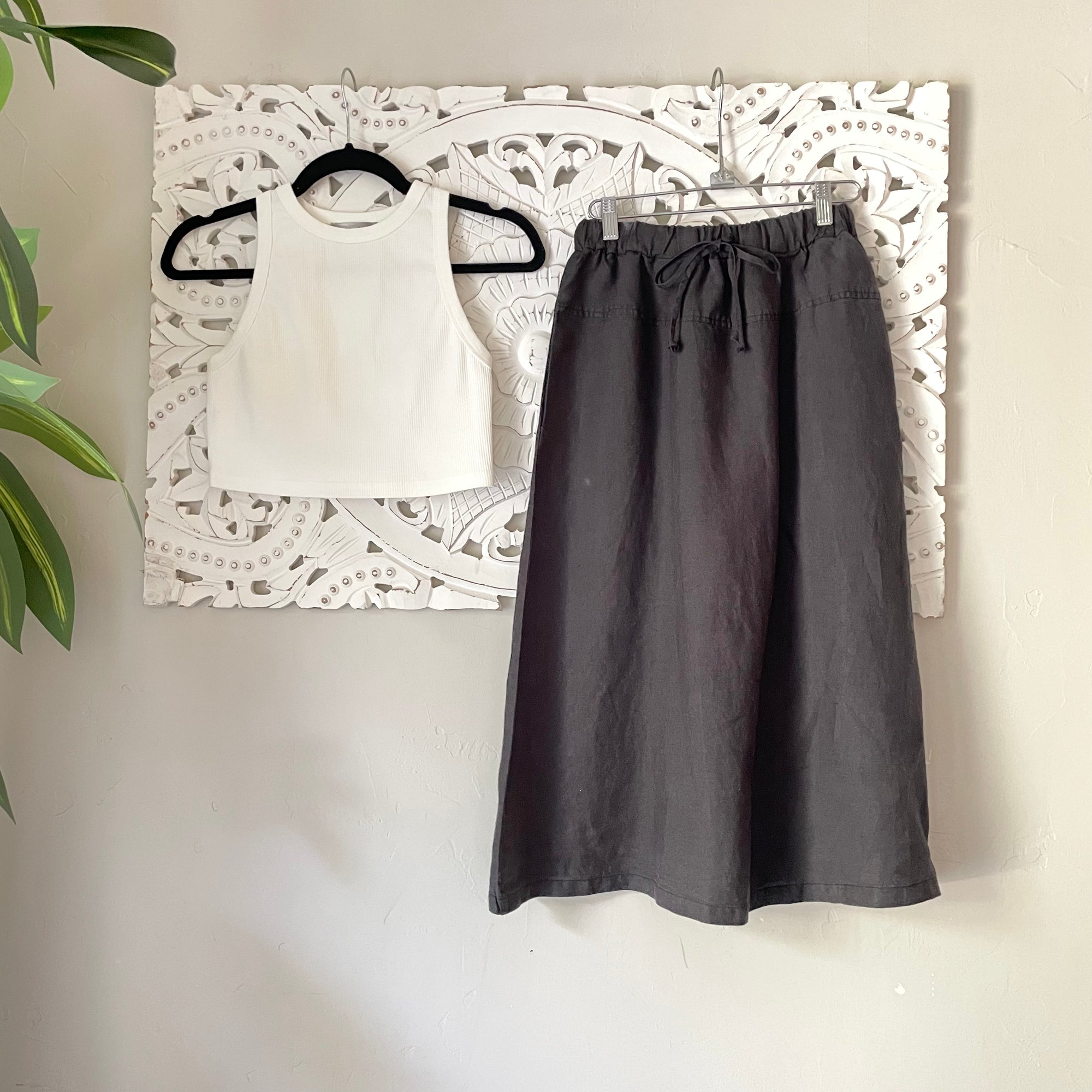 Black Drawstring Linen Ankle Midi Skirt
