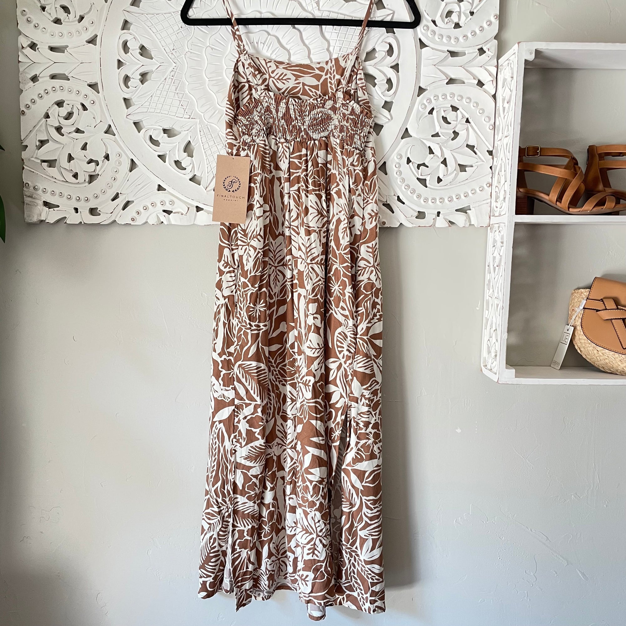 Almond Brown & Cream Tropical Print Ankle Maxi Dress