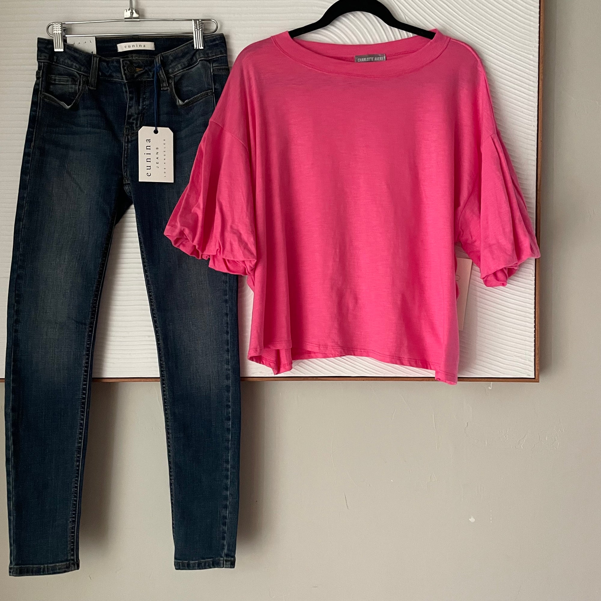 Bubble Sleeve Cotton Tee in Hot Pink