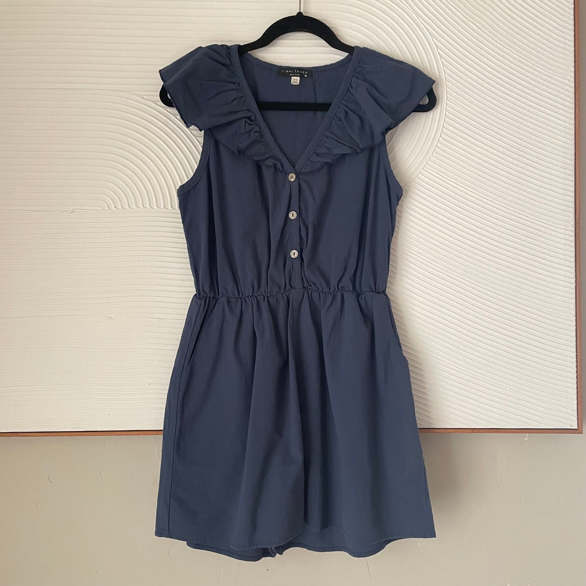 Navy Blue Linen Romper with Pockets