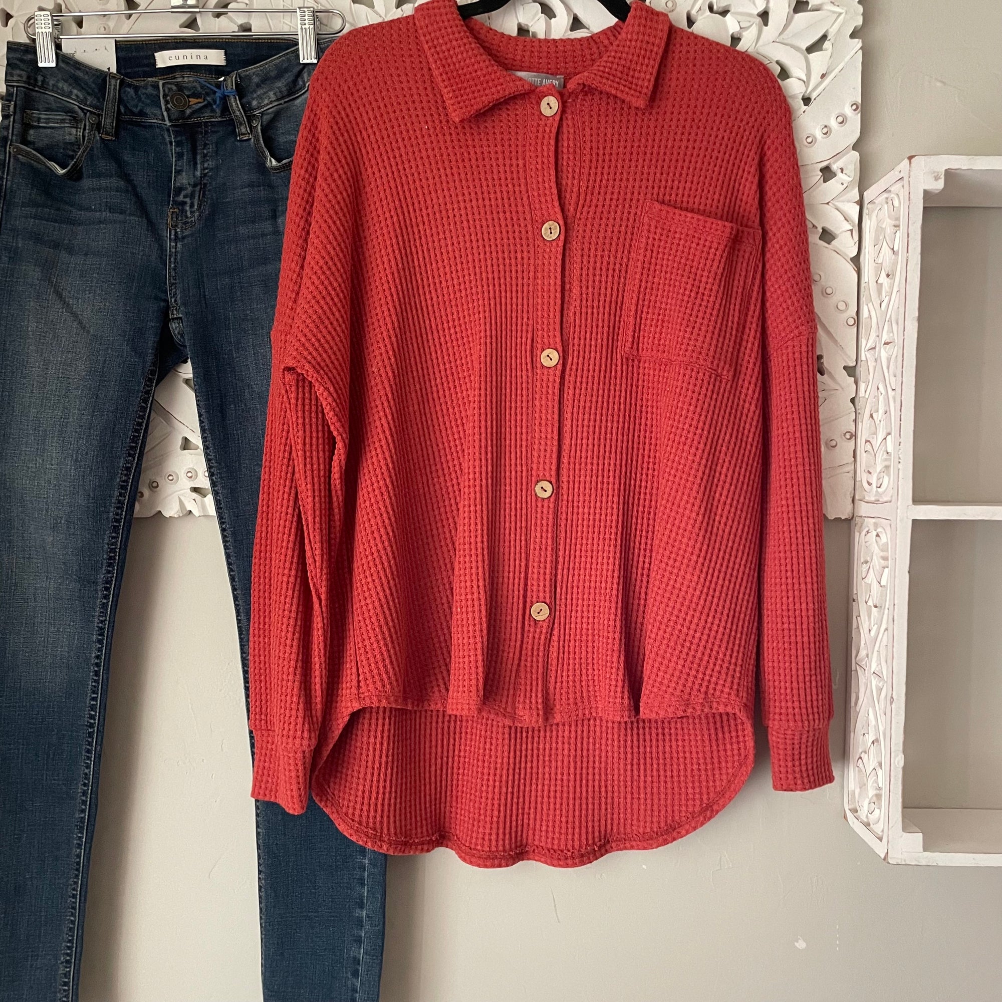 Waffle Knit Button Up Shacket in Tomato Red