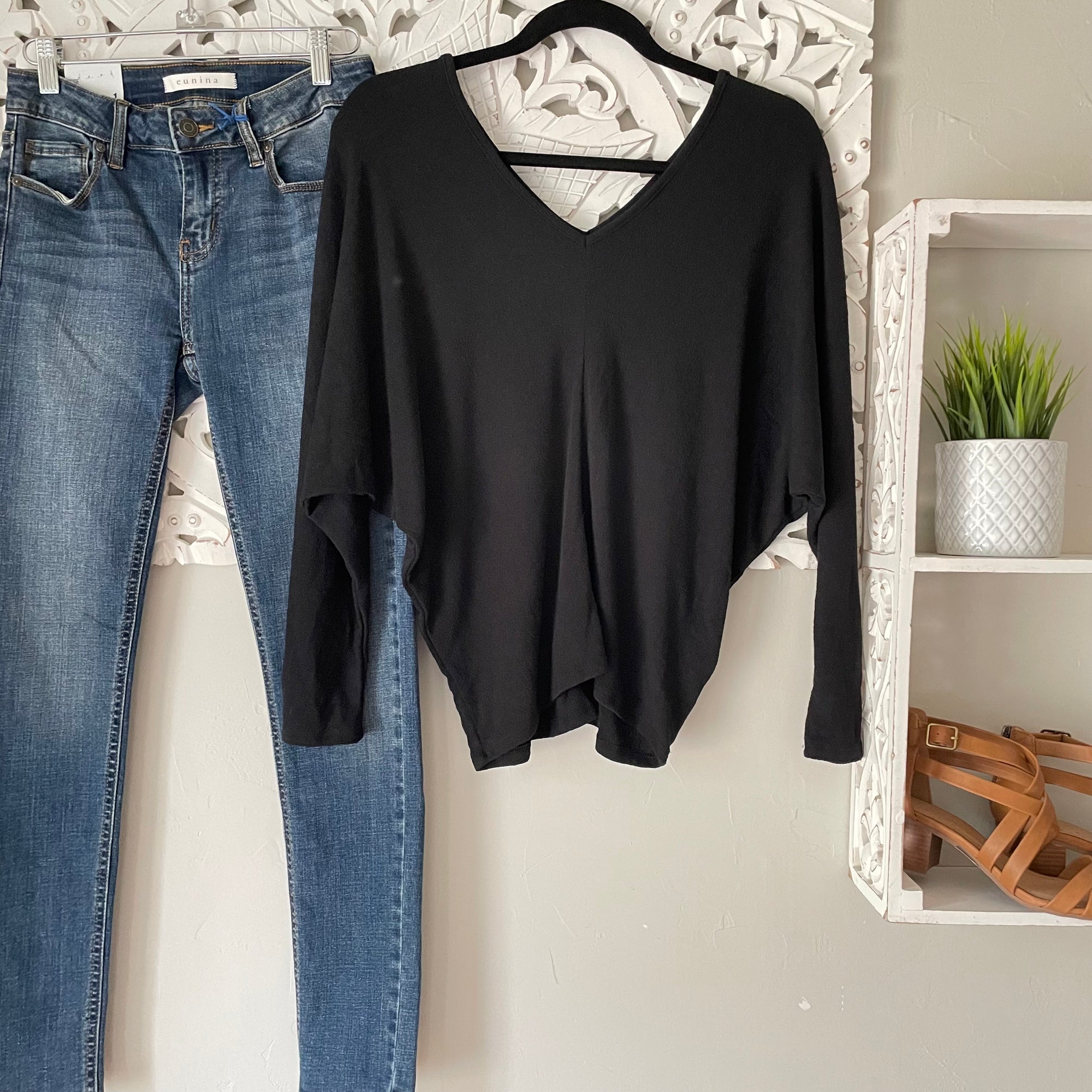 Black Knit V-Neck Dolman Sweater Top