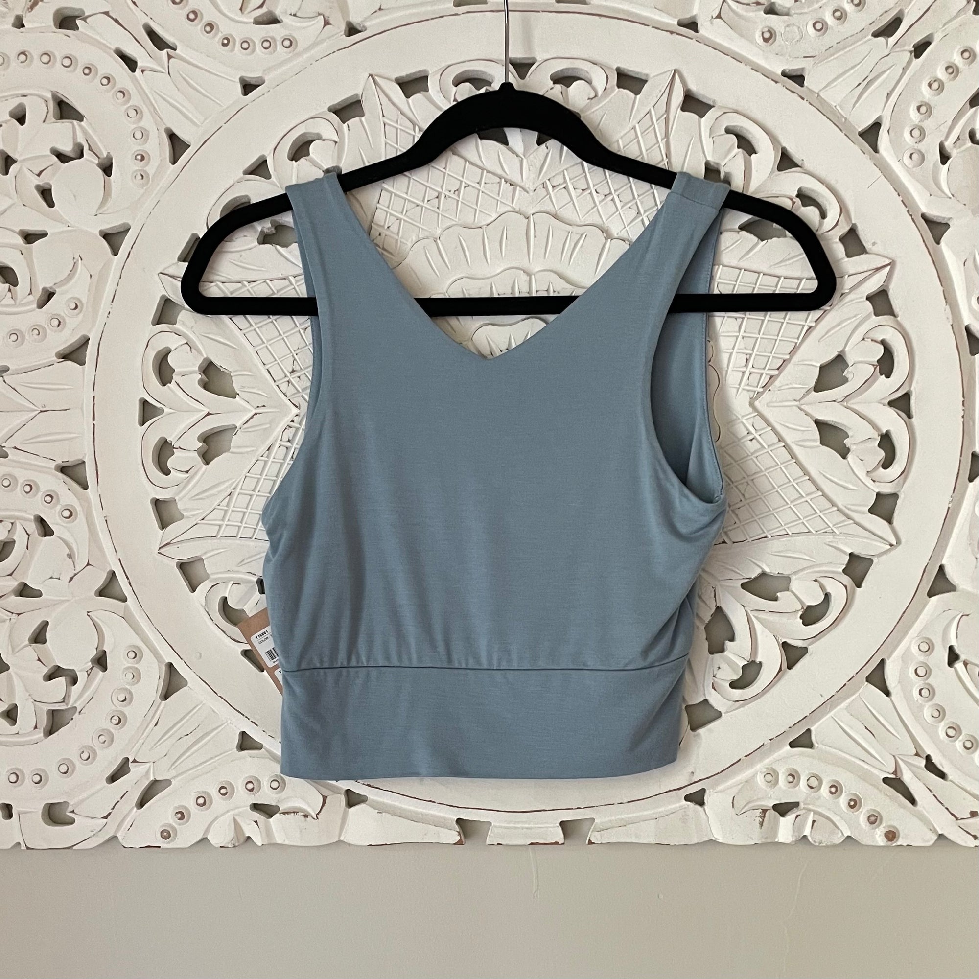 Double Lined Jersey Crop V Neck Top in Dusty Blue