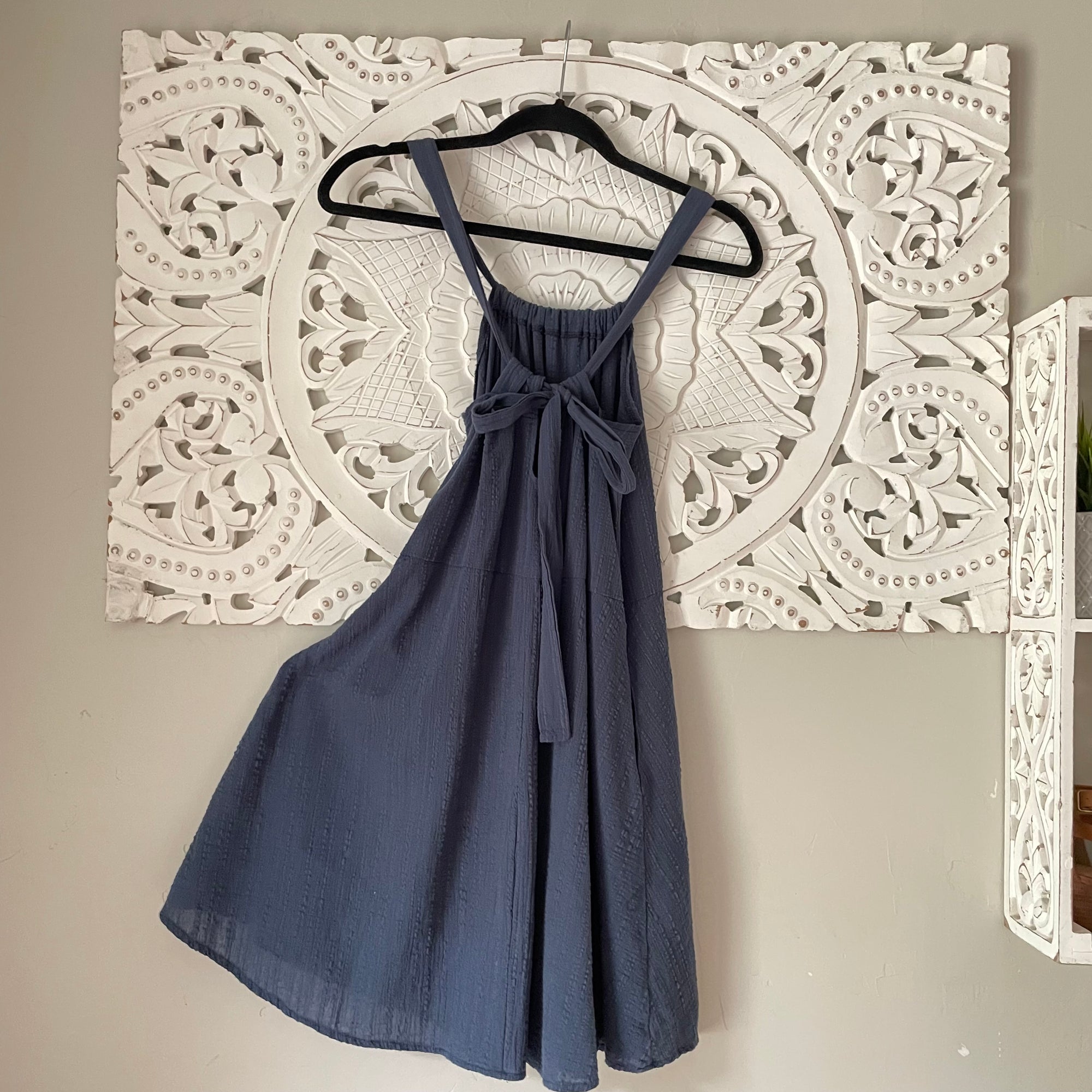 Navy Blue Texture Linen Babydoll Dress with Pockets