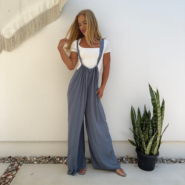 Suspender Wide Leg Jumpsuit in Slate Blue - Dainty Hooligan