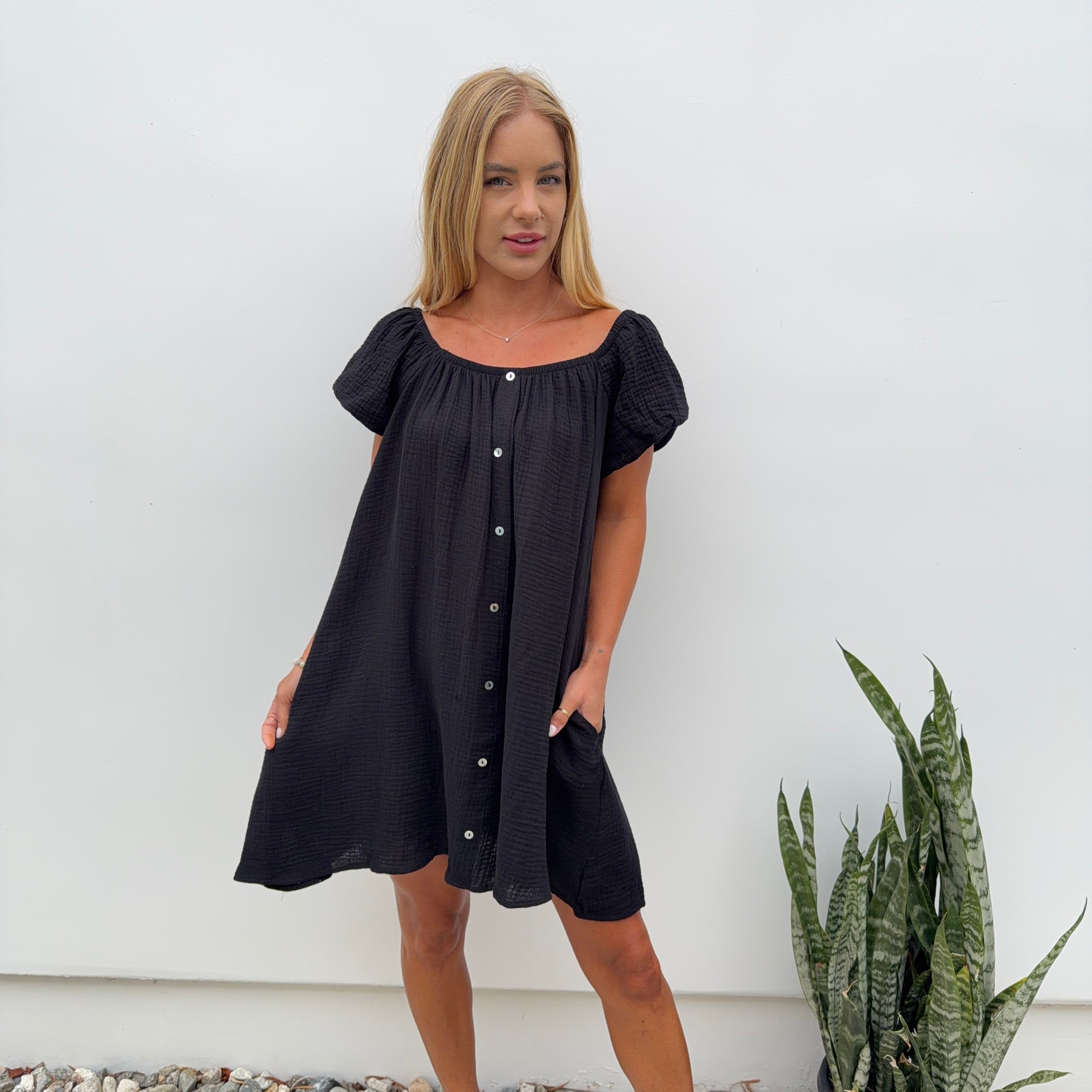 black puff sleeve babydoll dress Little Miss Black Babydoll Dress
