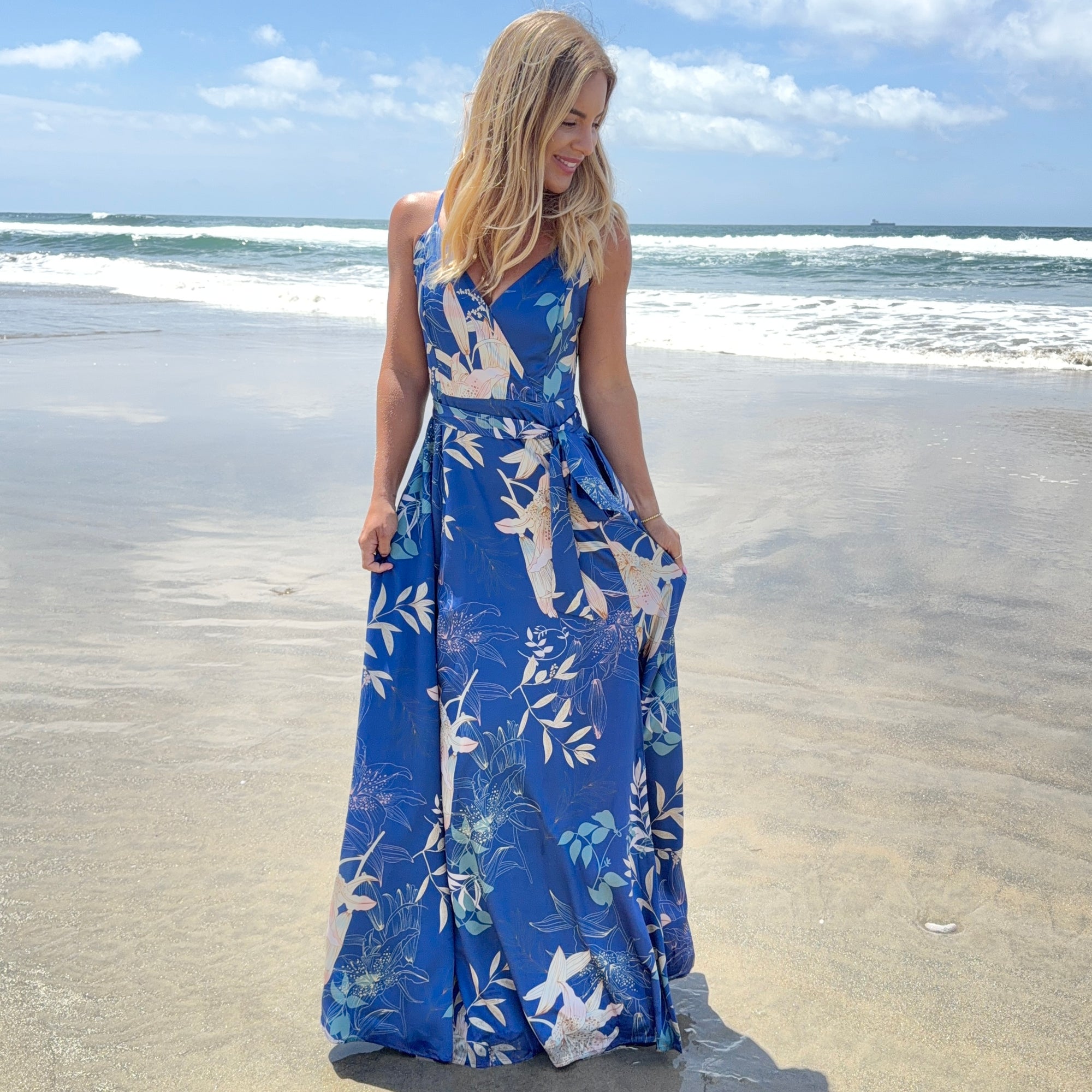 satin floral maxi dress Moonlight Tide Satin Maxi Dress in Blue