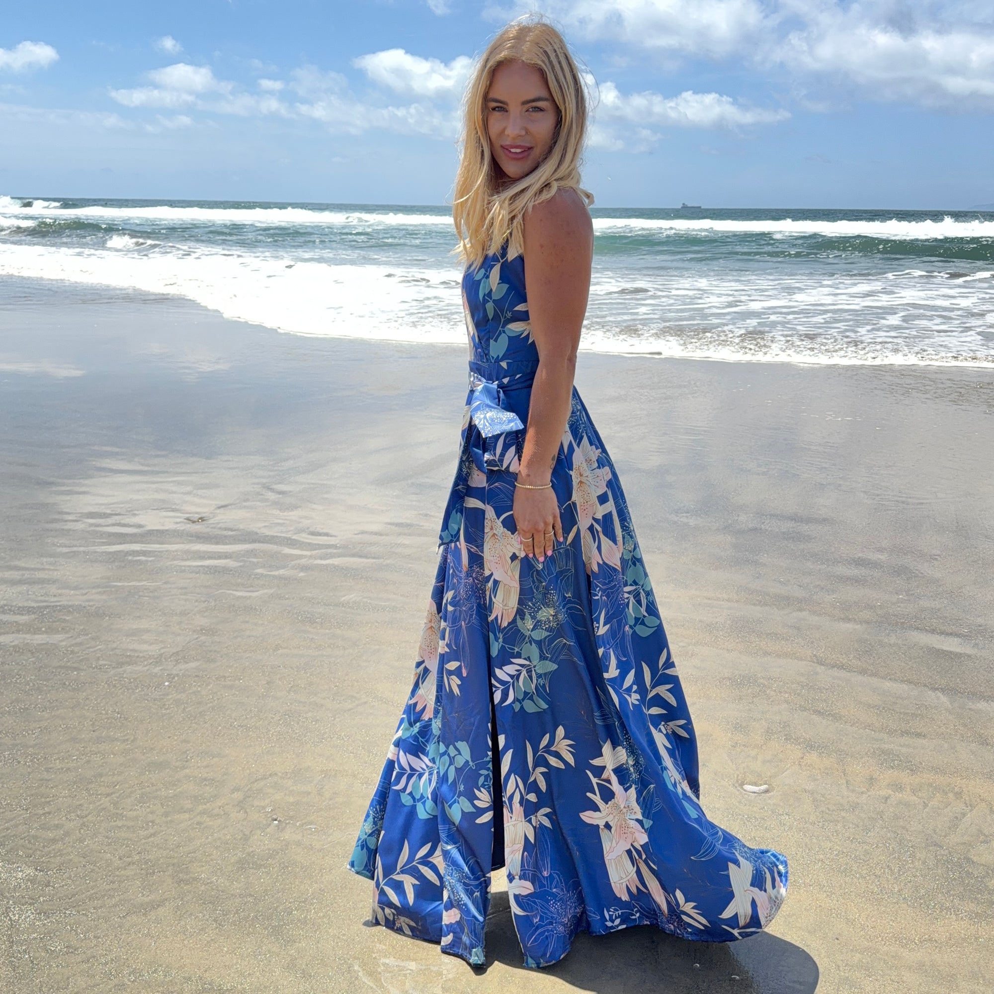 blue floral satin dress Light Blue Floral Silk Slip midi Dress Cowl Neck