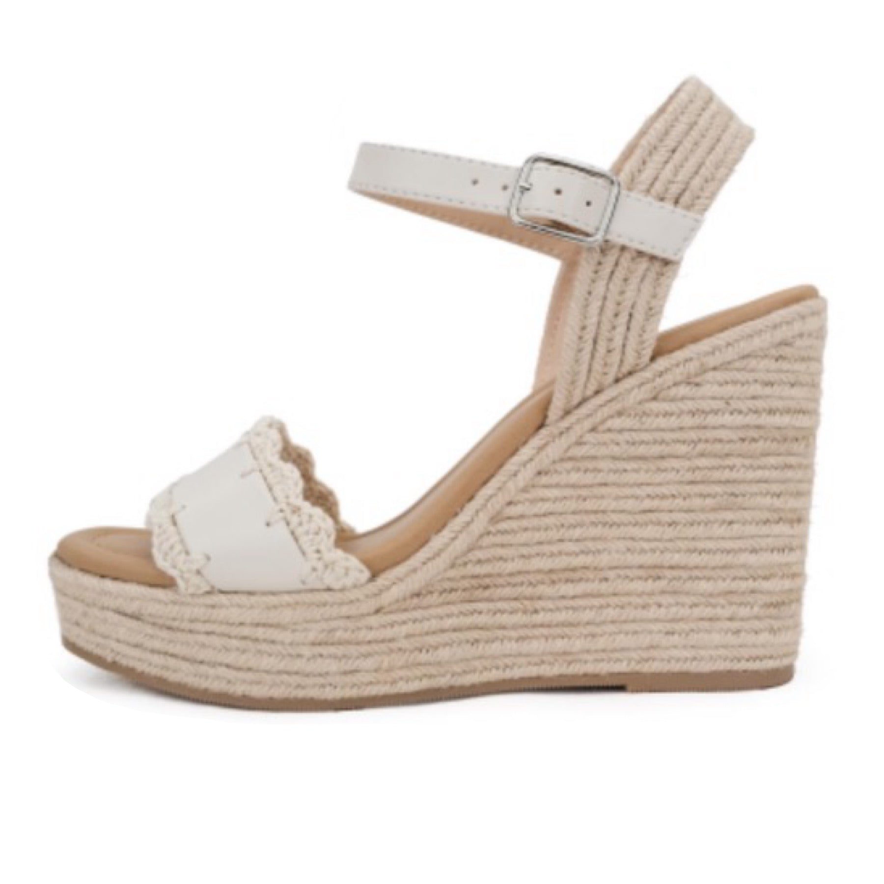 Scallop Lace Open Toe Wedge Sandals in Cream