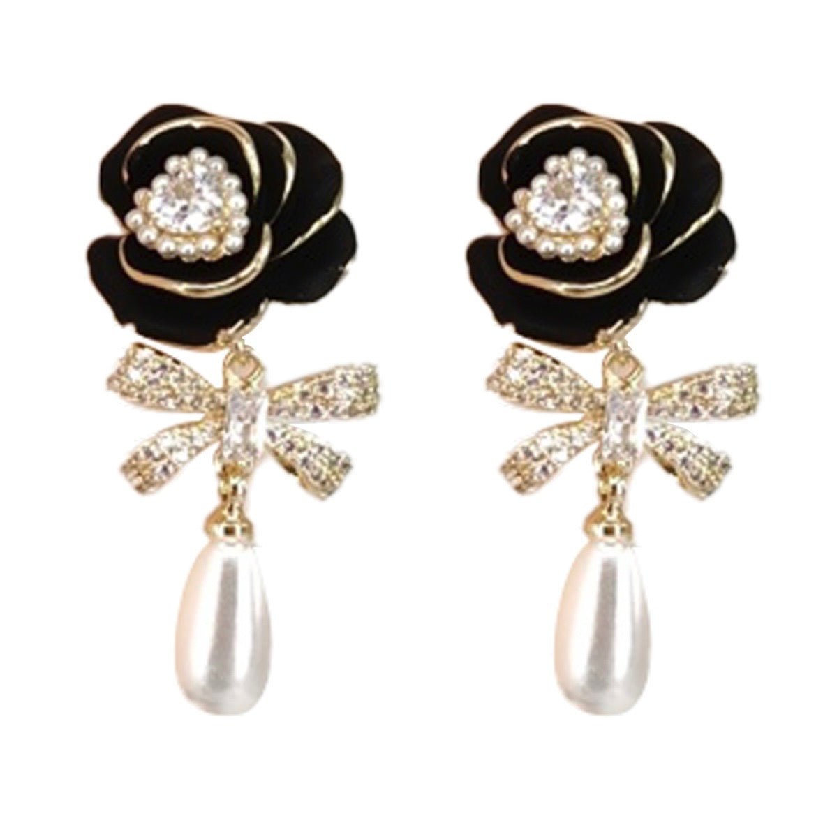 Black Rose & Pearl Teardrop Earrings