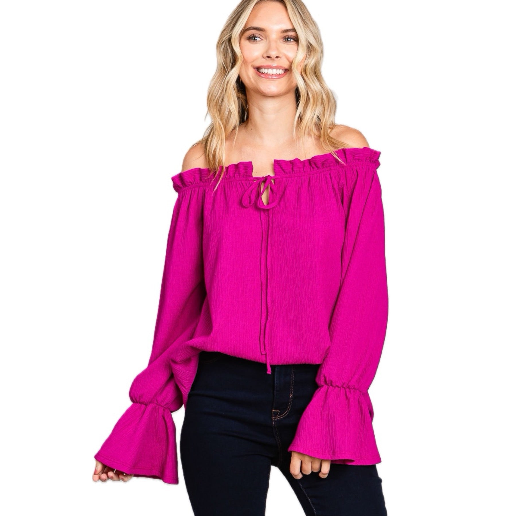 Reba Off Shoulder Long Sleeve Tunic Blouse in Magenta