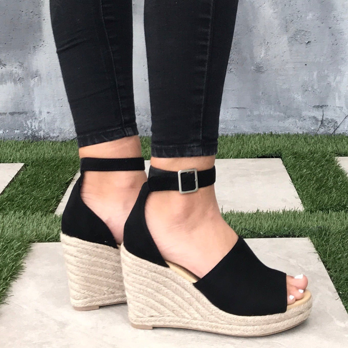 Adalyn Espadrille Black Platform Wedges in Black - Dainty Hooligan