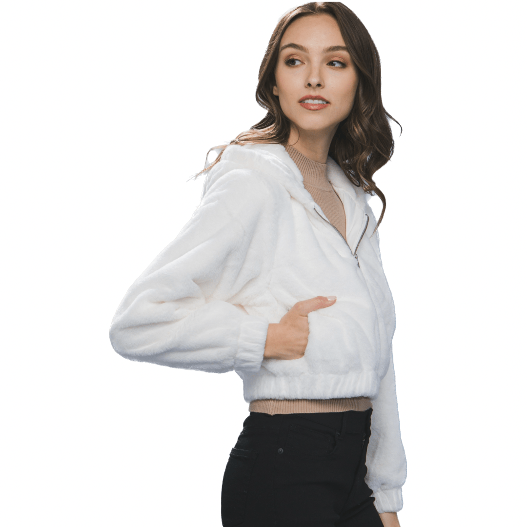 Faux Fur Semi Crop Zip Up Jacket in Ivory