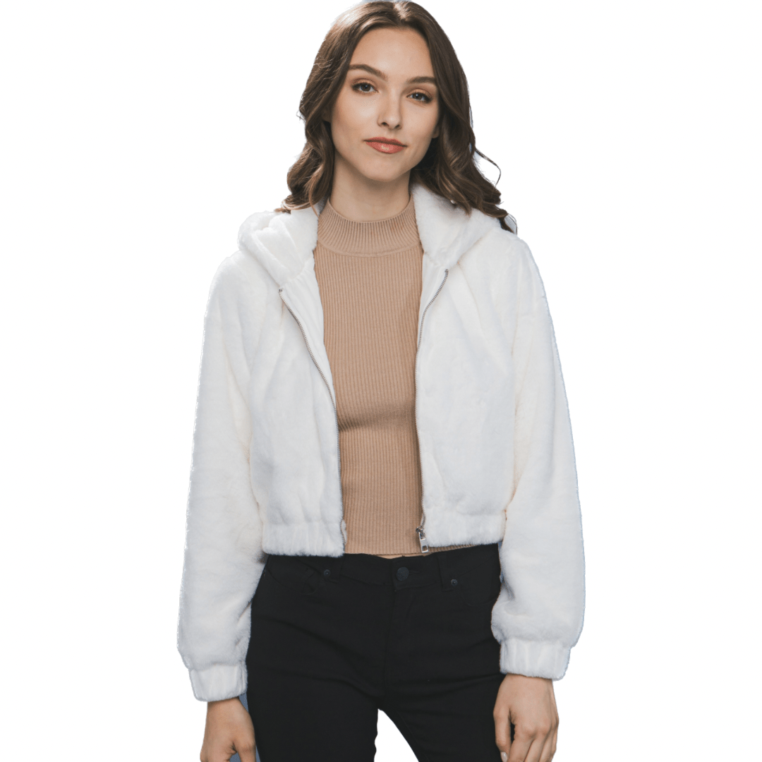 Faux Fur Semi Crop Zip Up Jacket in Ivory