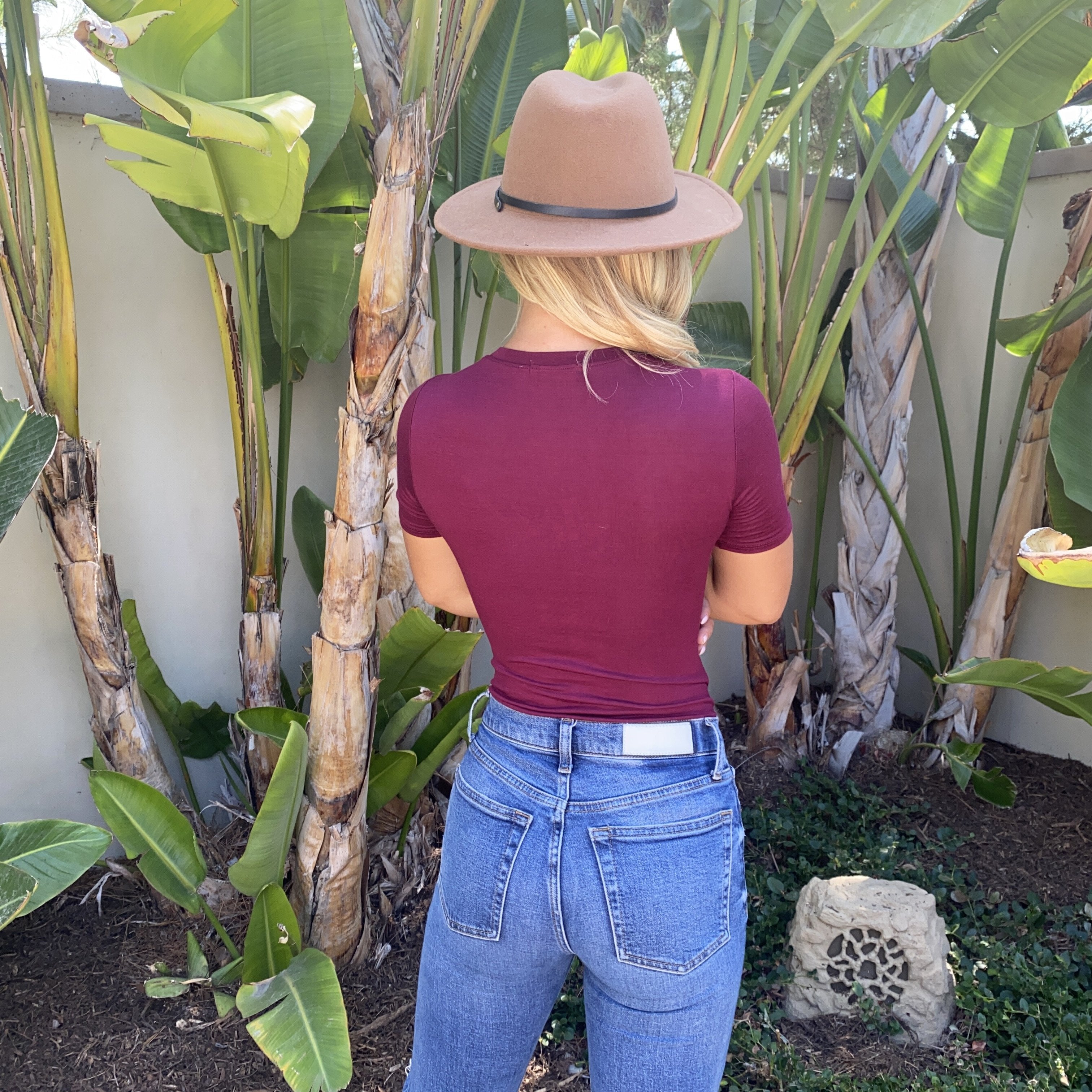 Basic V-Neck Bodysuit in Wine - Dainty Hooligan