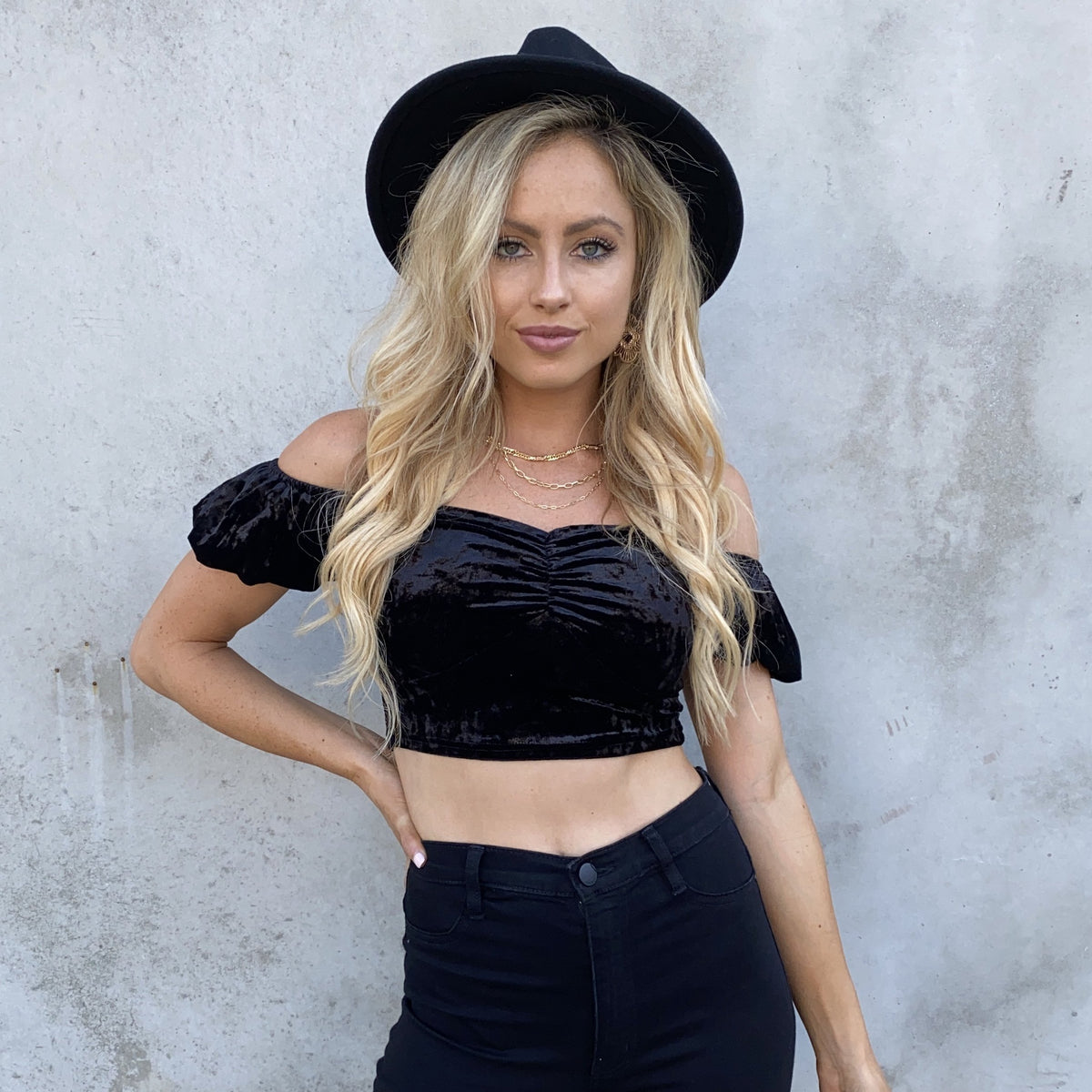 Black Royalty Velvet Off Shoulder Crop Top - Dainty Hooligan