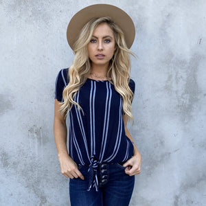 Love of Life Navy Blue Stripe Tie Blouse - Dainty Hooligan