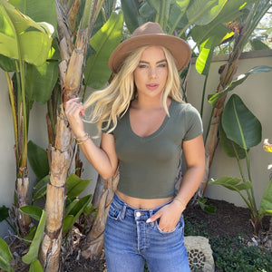 Basic Short Sleeve V-Neck Crop in Olive - Dainty Hooligan