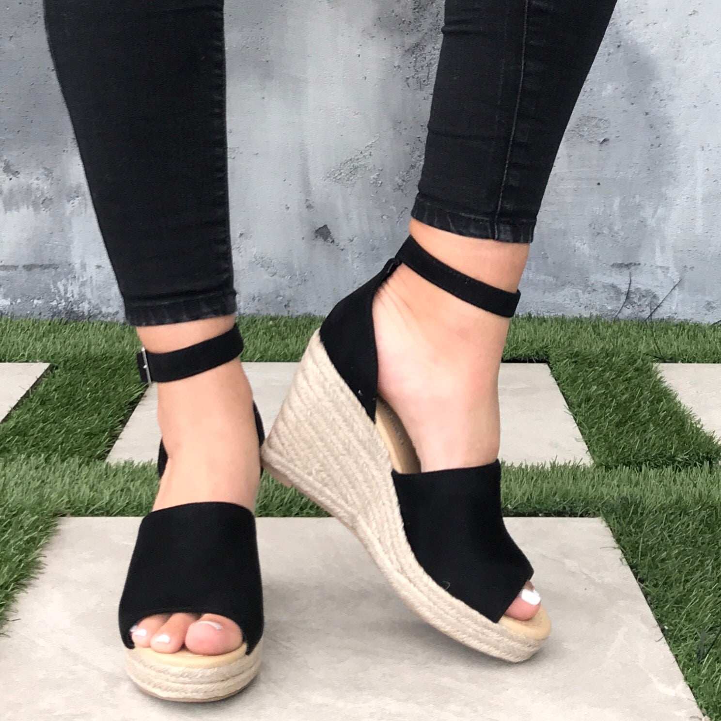 Adalyn Espadrille Black Platform Wedges in Black - Dainty Hooligan