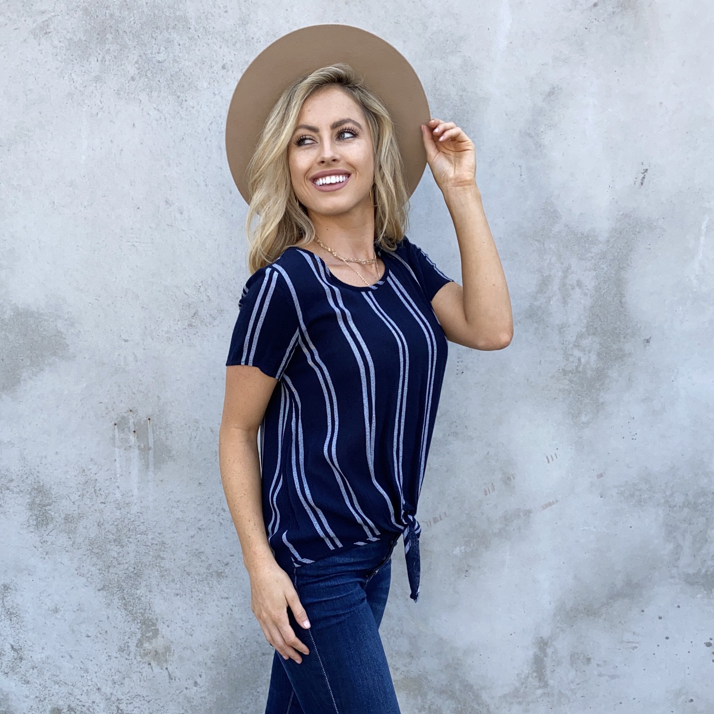 Love of Life Navy Blue Stripe Tie Blouse - Dainty Hooligan