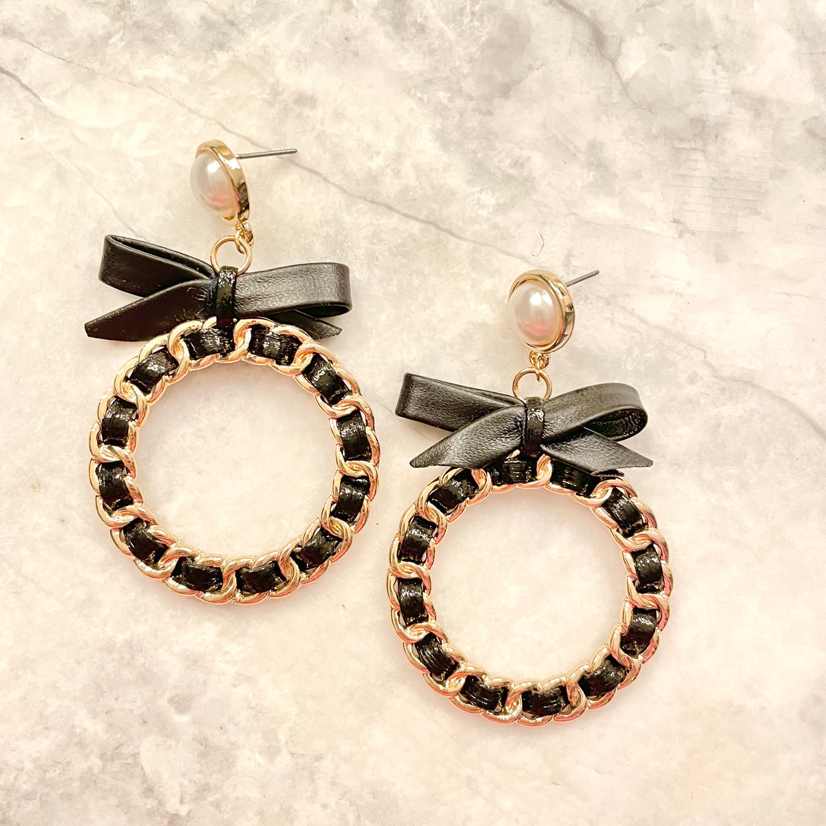 Pearl & Chain Black Leather Earrings - Dainty Hooligan