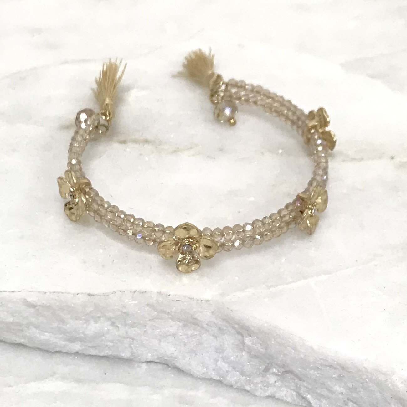 Golden Daisy Bead Bangle Cuff Bracelet - Dainty Hooligan