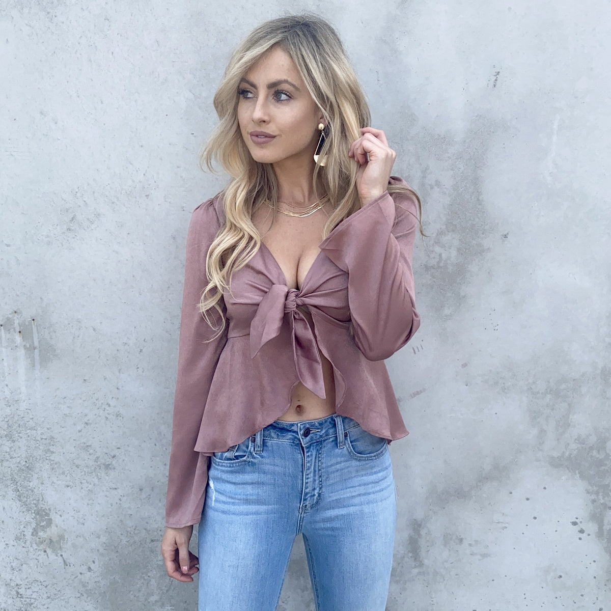 Chic Satin Knot Blouse in Mauve - Dainty Hooligan