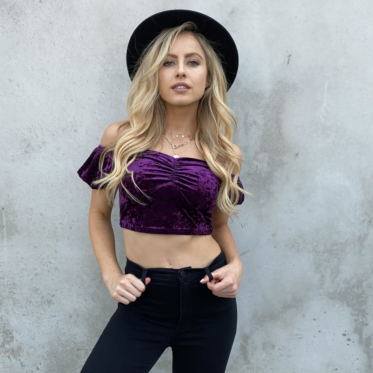 Purple Royalty Velvet Off Shoulder Crop Top - Dainty Hooligan