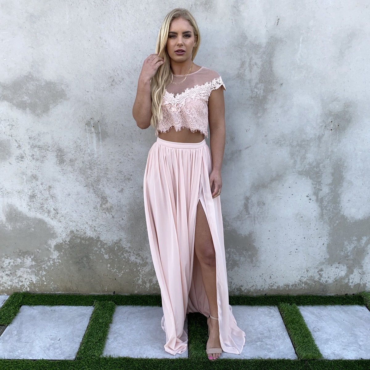 Dance With Me Lace Top & Maxi Skirt Set In Blush Pink - Dainty Hooligan