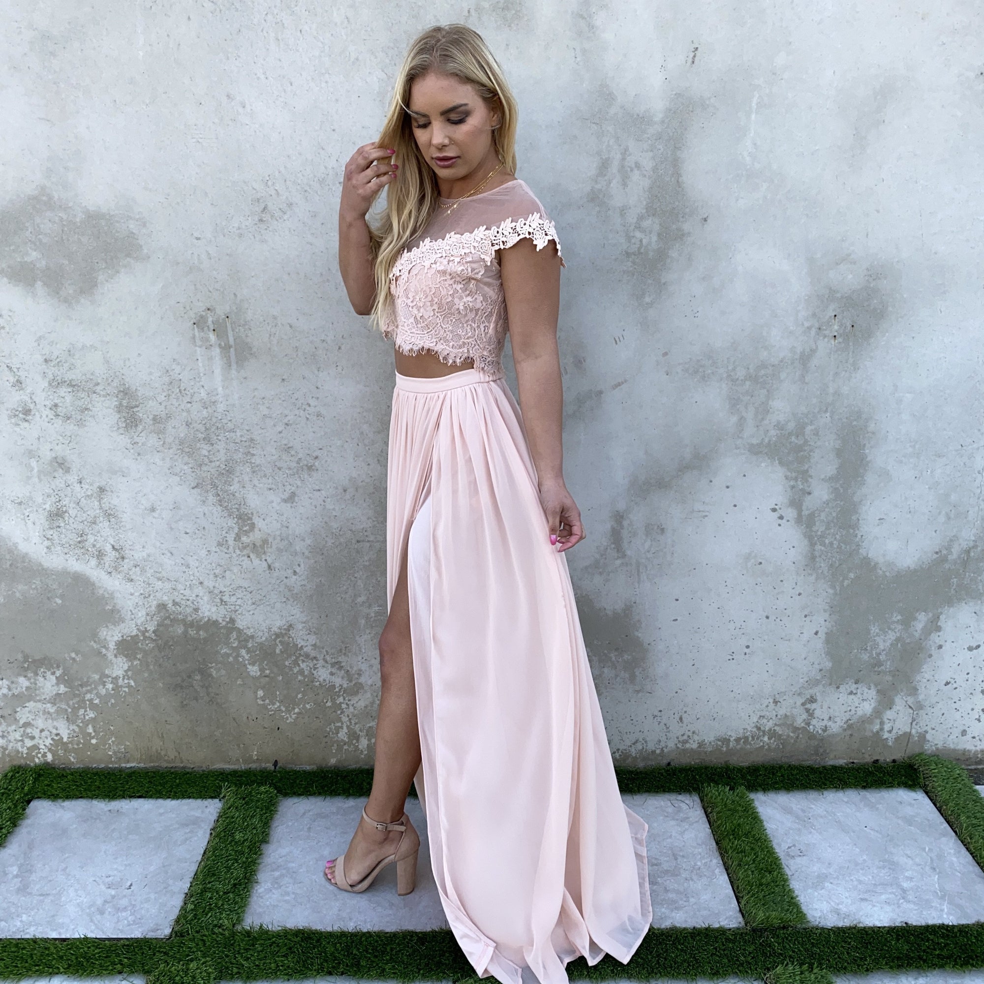 Dance With Me Lace Top & Maxi Skirt Set In Blush Pink - Dainty Hooligan