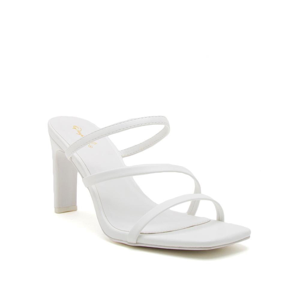 Asymmetrical strappy sales block heels