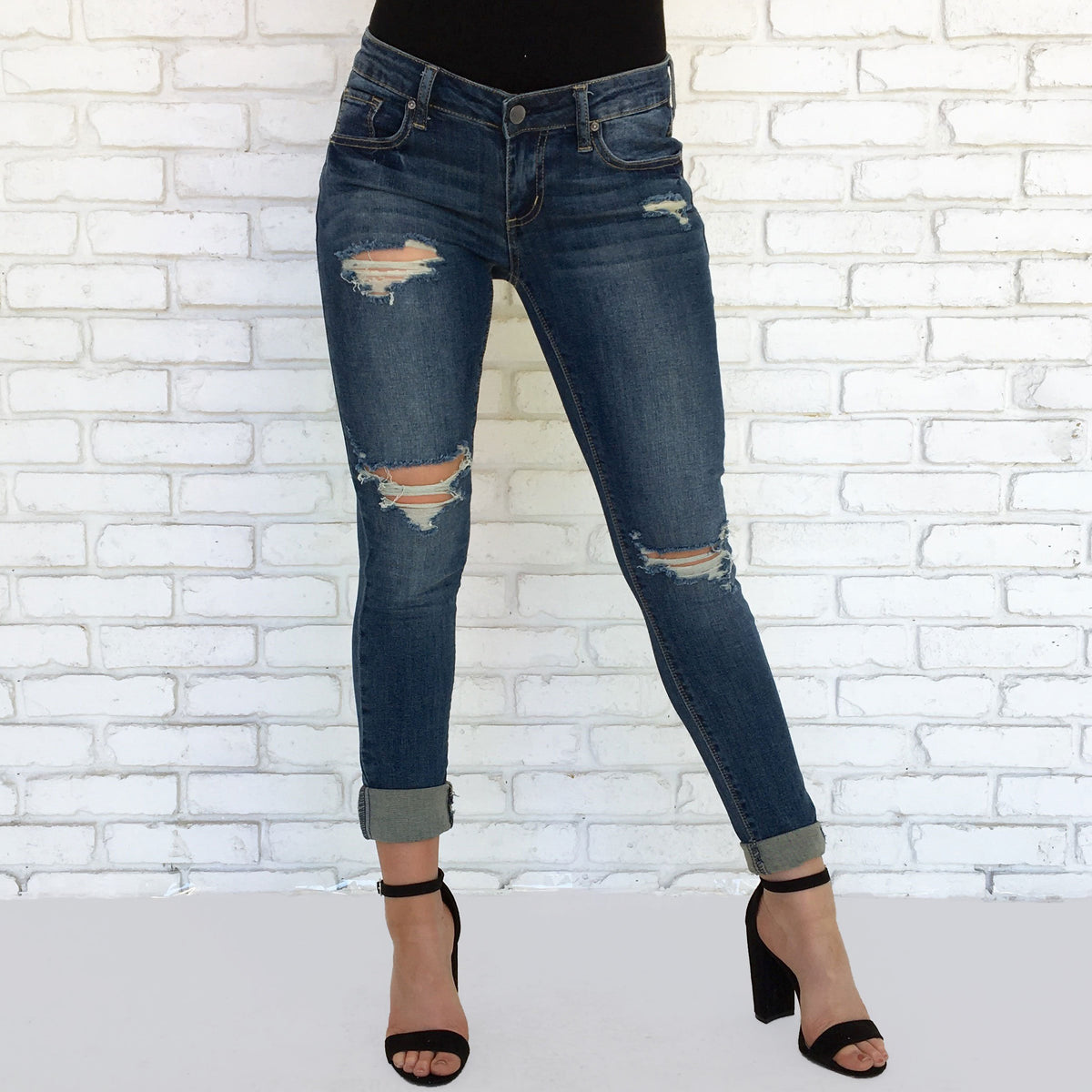 Darla Distressed Skinny Pants in Dark Denim - Dainty Hooligan