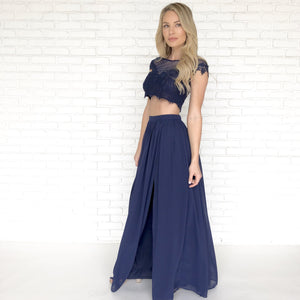 Dance With Me Lace Top & Maxi Skirt Set In Navy Blue - Dainty Hooligan