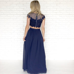 Dance With Me Lace Top & Maxi Skirt Set In Navy Blue - Dainty Hooligan