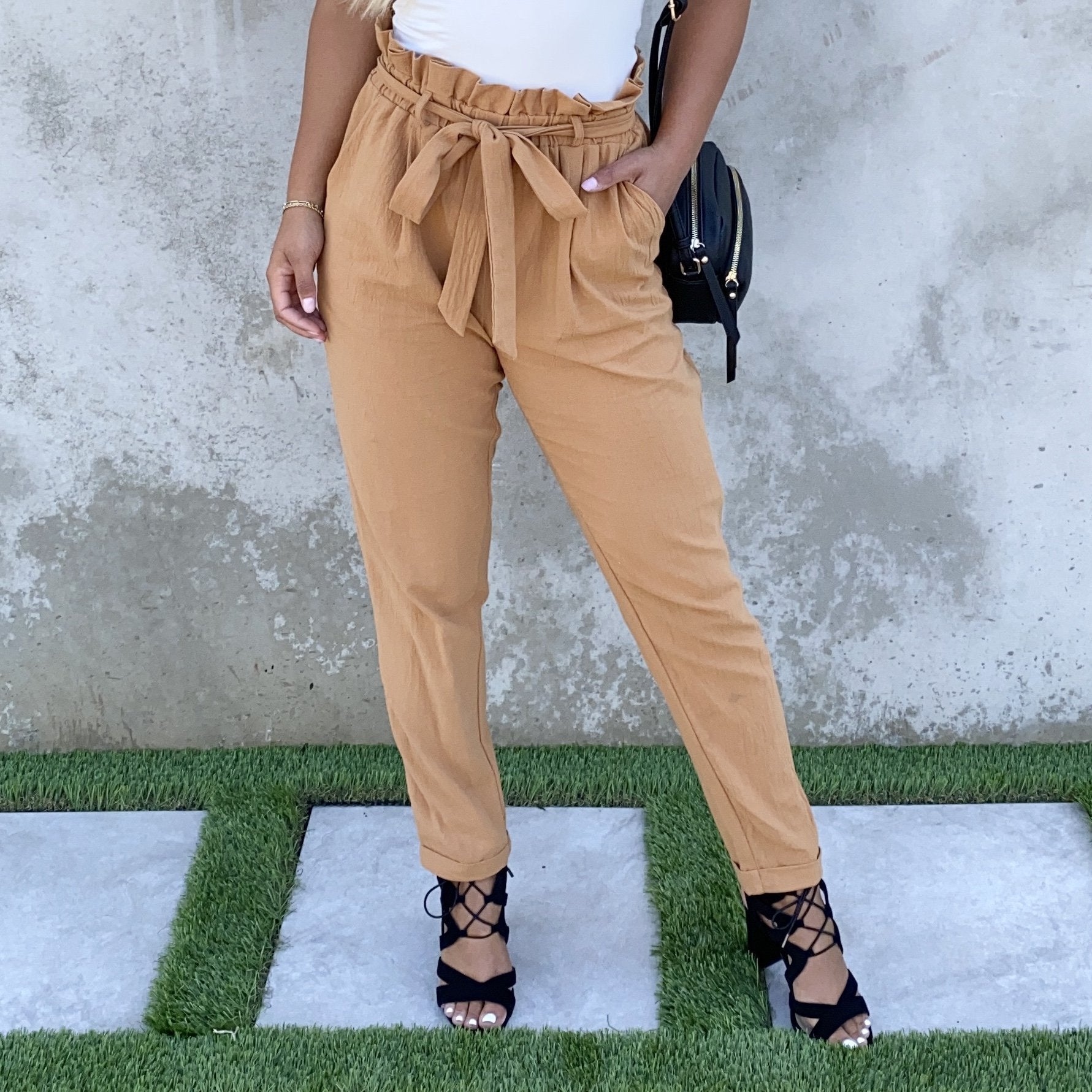 With Confidence Toffee High Waisted Belted Pants - Dainty Hooligan